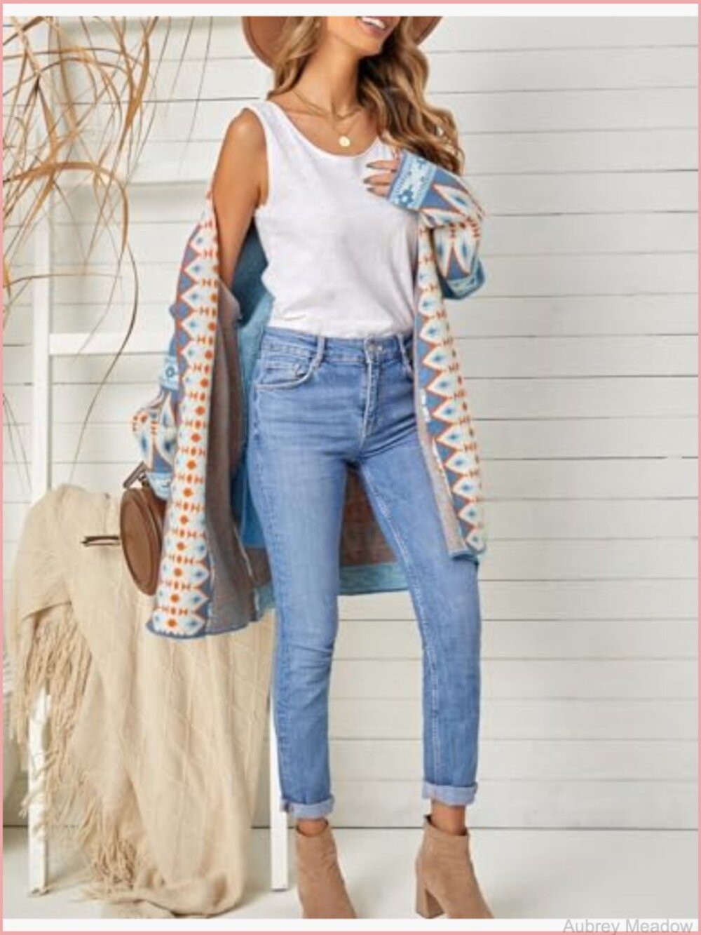 Boho Aztec Cardigan Sweater Shawl Collar Open Front Long Cardigan with Pockets - Picture 6 of 7